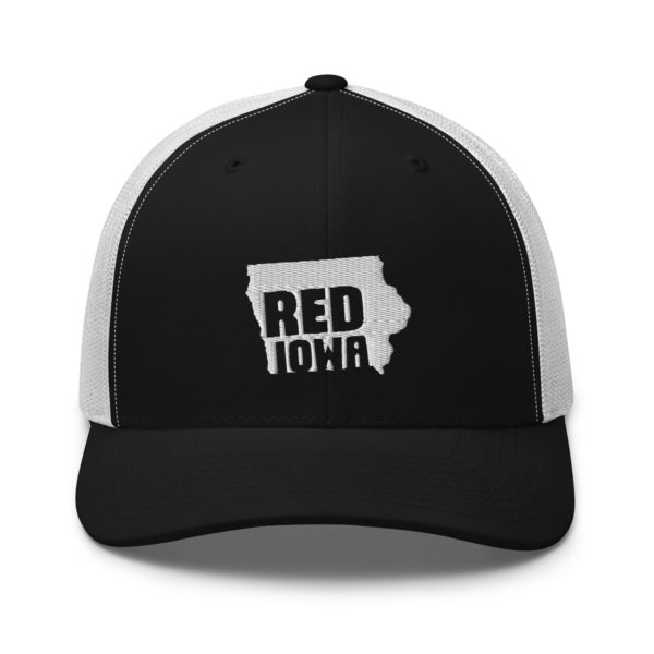 Red Iowa Retro Trucker Hat Black and White Front