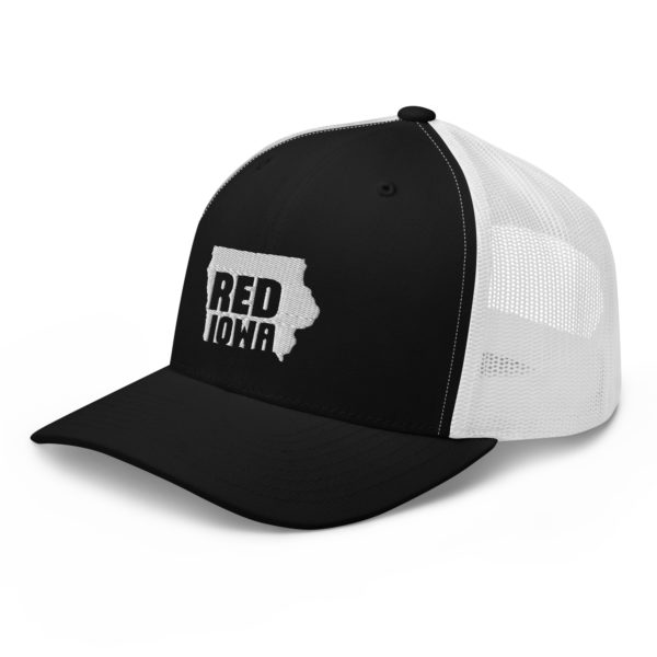 Red Iowa Retro Trucker Hat Black and White Left Front